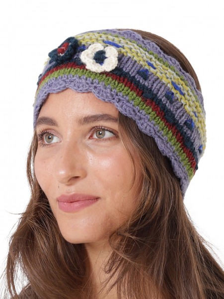 Damen Stirnband gestrickt Wolle mehrfarbig mit Blumen-Applikation sb37