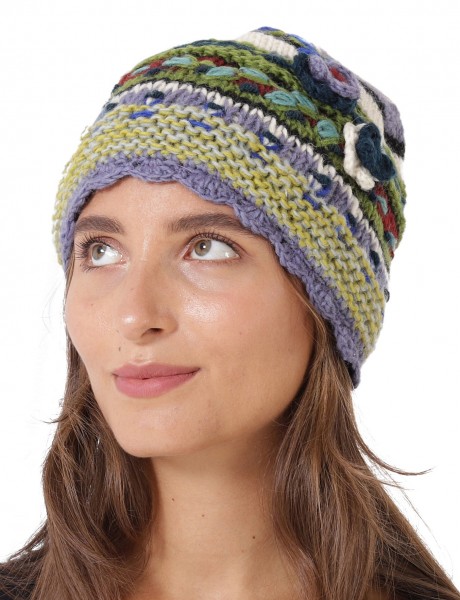 Damen Mütze Strickmütze Wolle Wollmütze mit Blumen-Applikation ht37