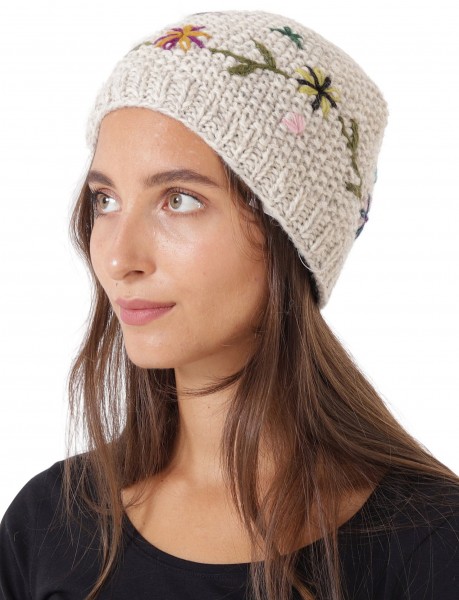 Damen Mütze Strickmütze aus Wolle Wollmütze mit Blumenstickerei ht51