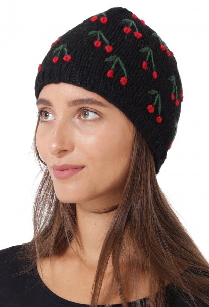 Damen Mütze Strickmütze Wolle Wollmütze mit Kirschen-Stickerei ht45