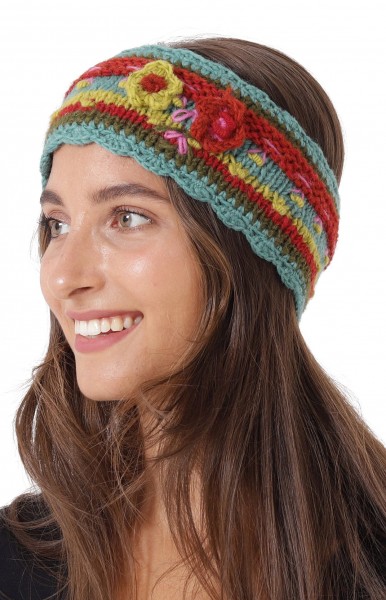 Damen Stirnband gestrickt Wolle mehrfarbig mit Blumen-Applikation sb37