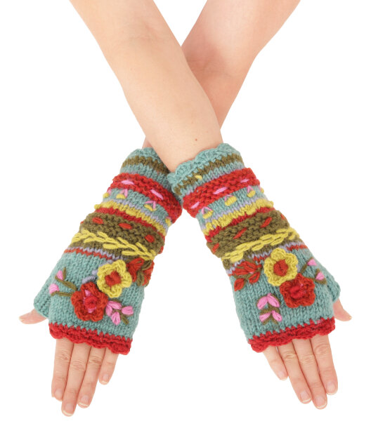 Armstulpen Handstulpen Pulswärmer aus Wolle Blumen-Applikation hw37
