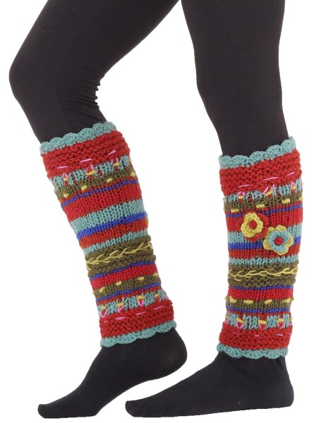 Stulpen Beinstulpen Beinwärmer gestrickt Wolle Blumen-Applikation lw37