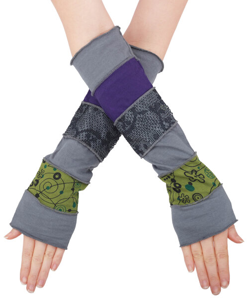 Patchwork Armstulpen, mehrfarbige Pulswärmer mit Spitze hw11 Grau