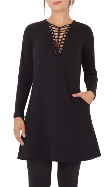 Shirtkleid Langarm mit geflochtenem V-Ausschnitt dr9 Schwarz XXL