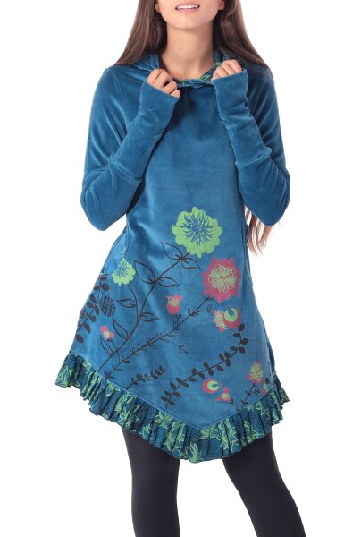 Elfenkleid mit Zipfelkapuze und Blumen Baumwollsamt Kleid Nr. 15 Blau L